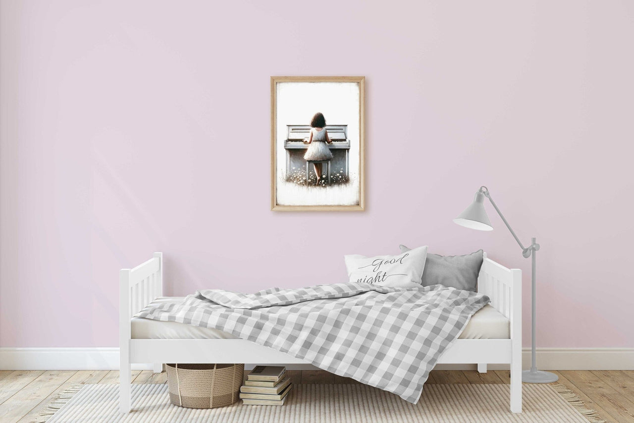 Girl Playing Piano Wall Art – Music Nursery Print for Girls Room