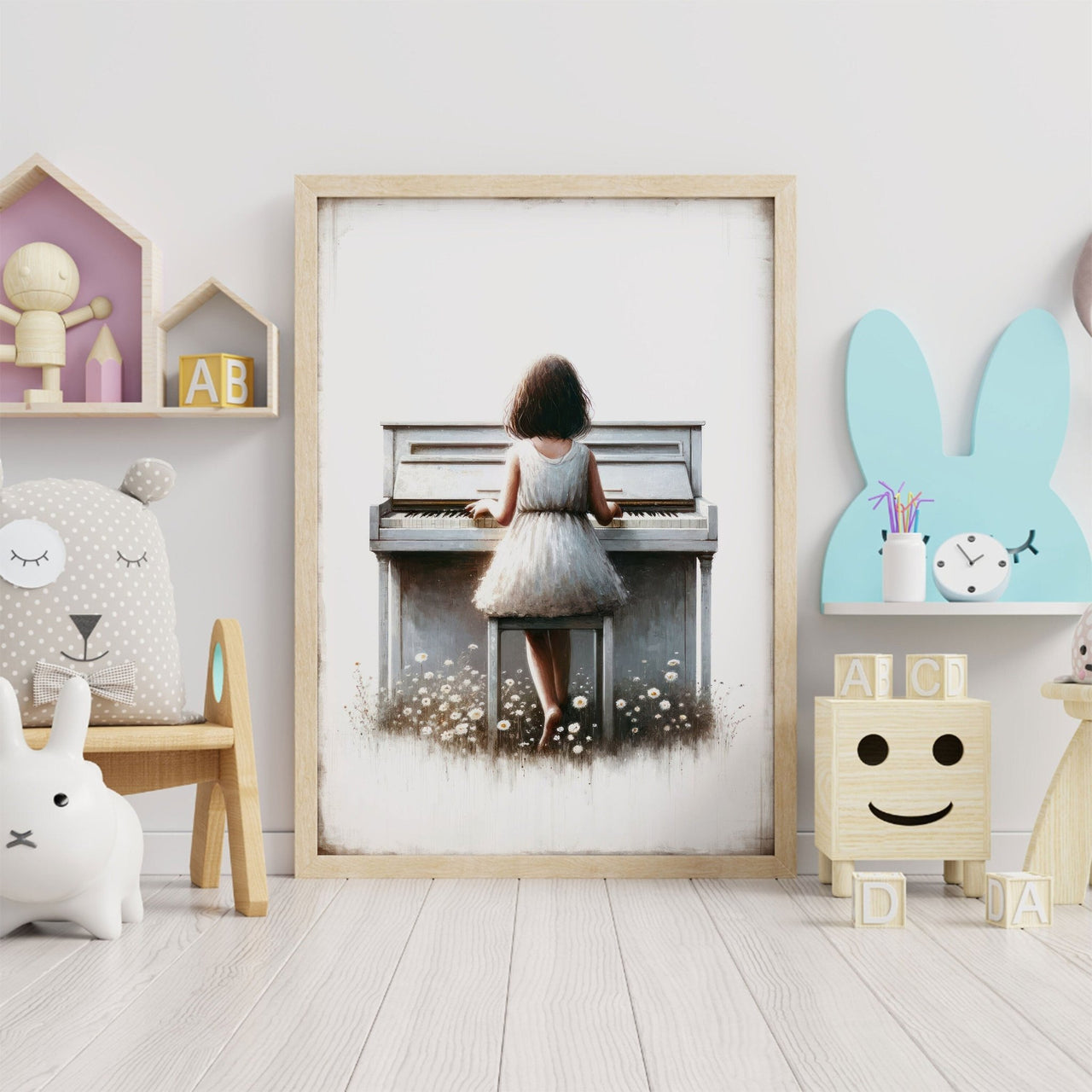 Girl Playing Piano Wall Art – Music Nursery Print for Girls Room