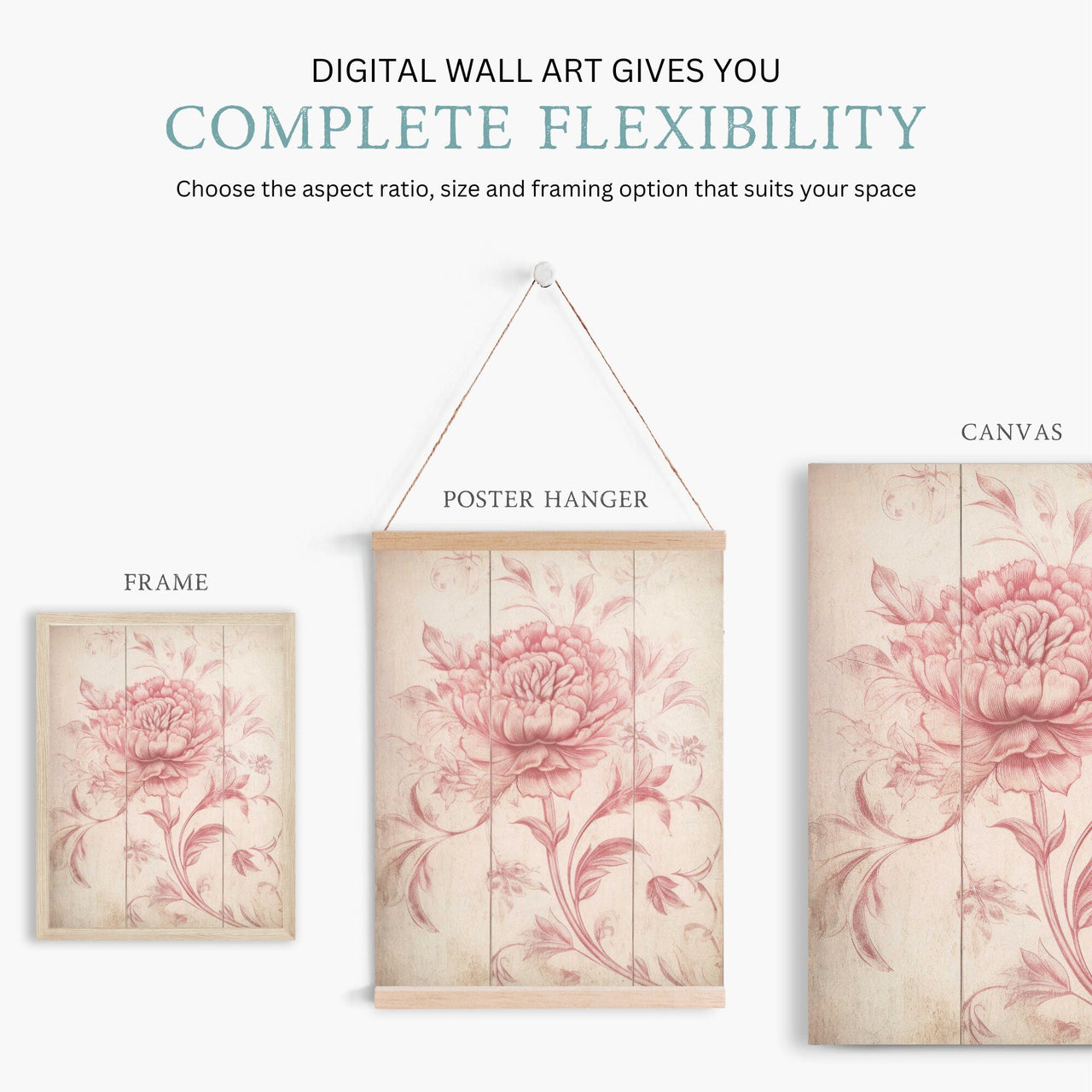 Pink Floral Wall Art – Flower Living Room Print