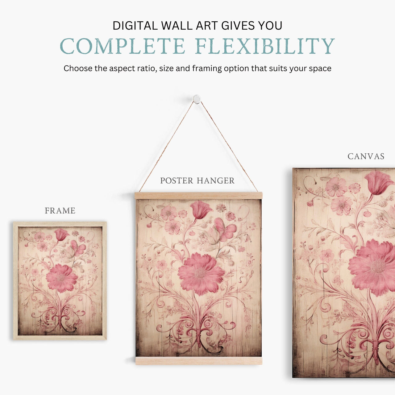Pink Floral Wall Art – Flower Living Room Print