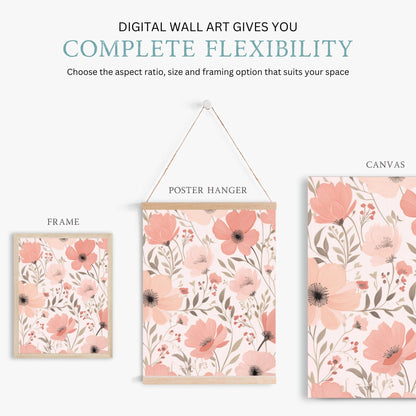 Pink Flower Prints, Coral Floral Pattern Wall Decor, Blooming Art - WildfieldPrints