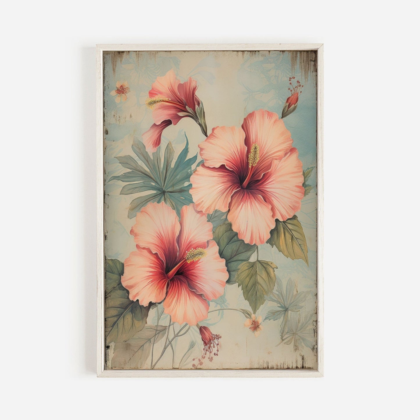 Pink Hibiscus Wall Art, Vintage Floral Decor, Rustic Flower Print - WildfieldPrints