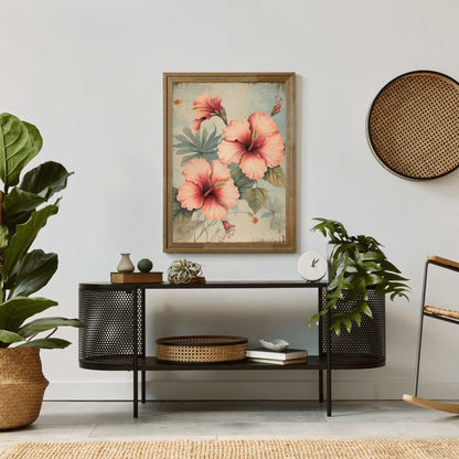 Pink Hibiscus Wall Art, Vintage Floral Decor, Rustic Flower Print - WildfieldPrints