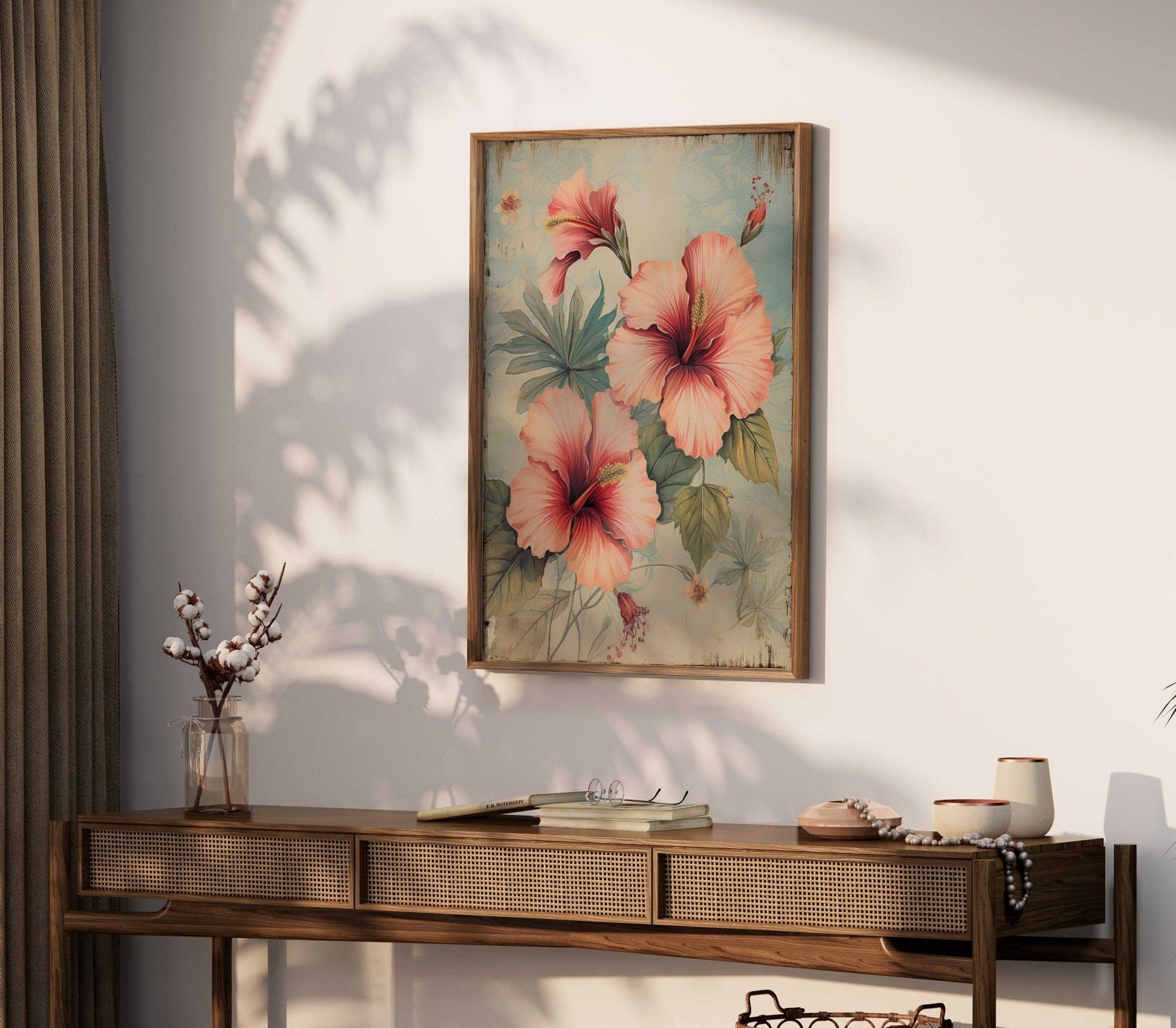 Pink Hibiscus Wall Art, Vintage Floral Decor, Rustic Flower Print - WildfieldPrints