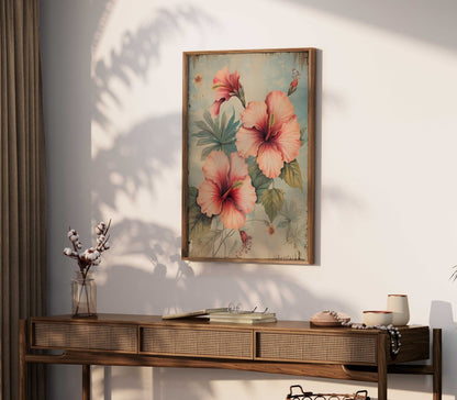 Pink Hibiscus Wall Art, Vintage Floral Decor, Rustic Flower Print - WildfieldPrints