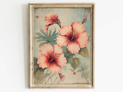Pink Hibiscus Wall Art, Vintage Floral Decor, Rustic Flower Print - WildfieldPrints