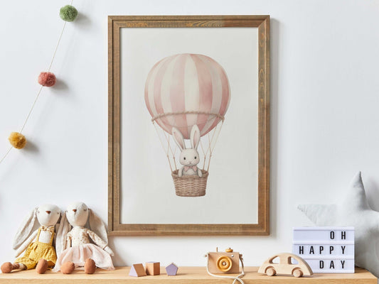 Pink Hot Air Balloon Nursery Print, Adorable Bunny Wall Decor, Gift Idea - WildfieldPrints