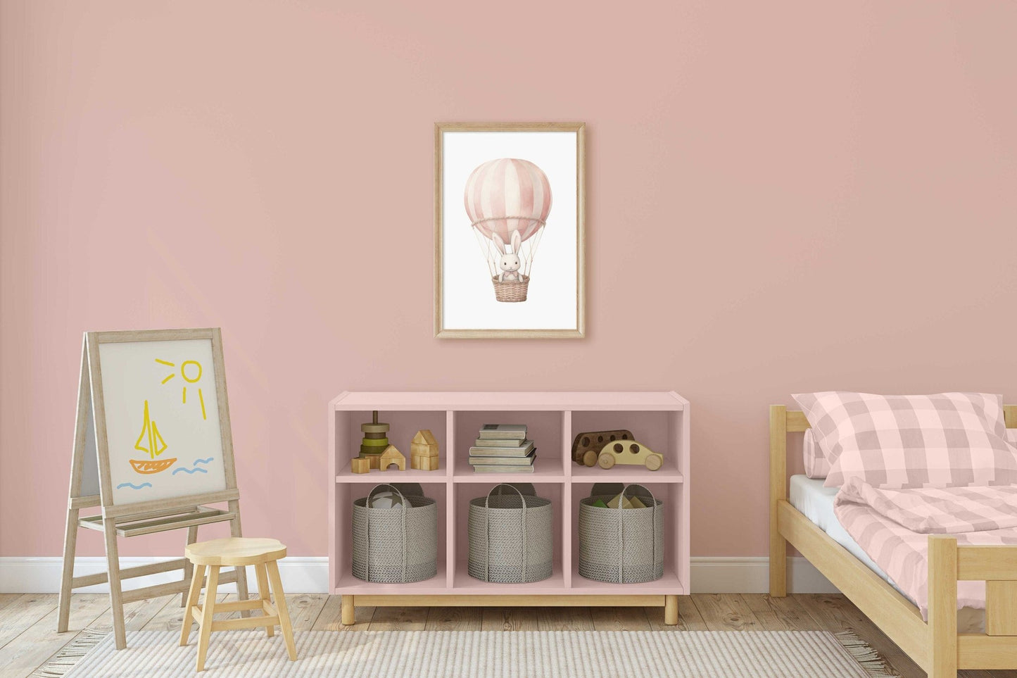 Pink Hot Air Balloon Nursery Print, Adorable Bunny Wall Decor, Gift Idea - WildfieldPrints