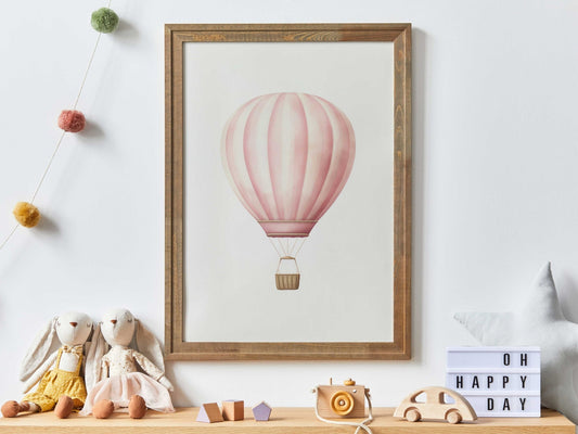 Pink Hot Air Balloon Nursery Print, Watercolor Girl Room Decor, Vintage Balloon Wall Art - WildfieldPrints