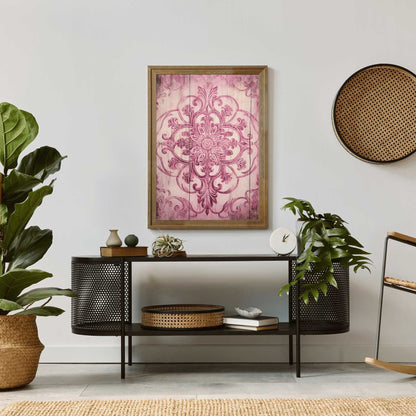 Pink Ornamental Design on Antique Wood, Rustic Farmhouse Wall Decor - WildfieldPrints
