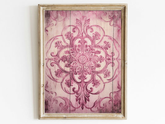 Pink Ornamental Design on Antique Wood, Rustic Farmhouse Wall Decor - WildfieldPrints