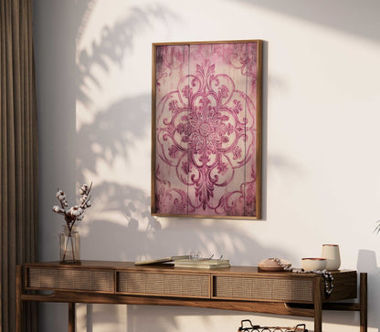 Pink Ornamental Design on Antique Wood, Rustic Farmhouse Wall Decor - WildfieldPrints