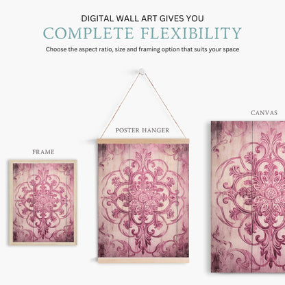 Pink Ornamental Design on Antique Wood, Rustic Farmhouse Wall Decor - WildfieldPrints