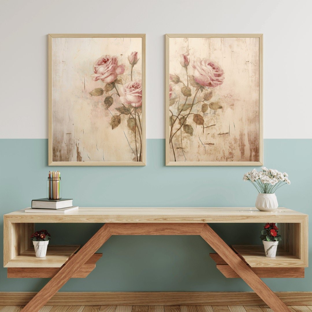 Pink Rose Wall Art – Floral Vintage Bedroom Print • Set of 2