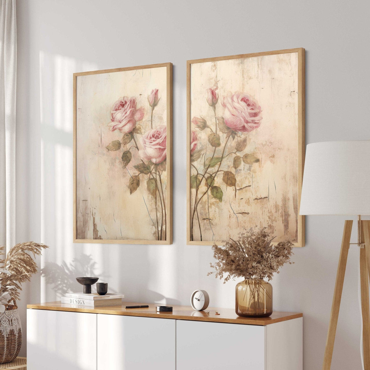 Pink Rose Wall Art – Floral Vintage Bedroom Print • Set of 2