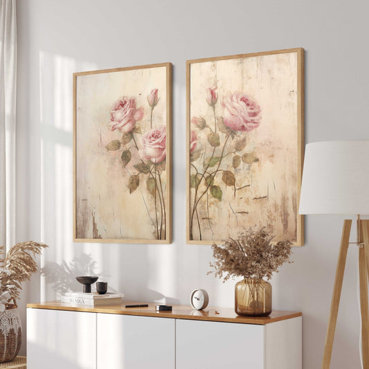 Pink Rose Prints, Rustic Floral Decor, Vintage Roses Painting - WildfieldPrints