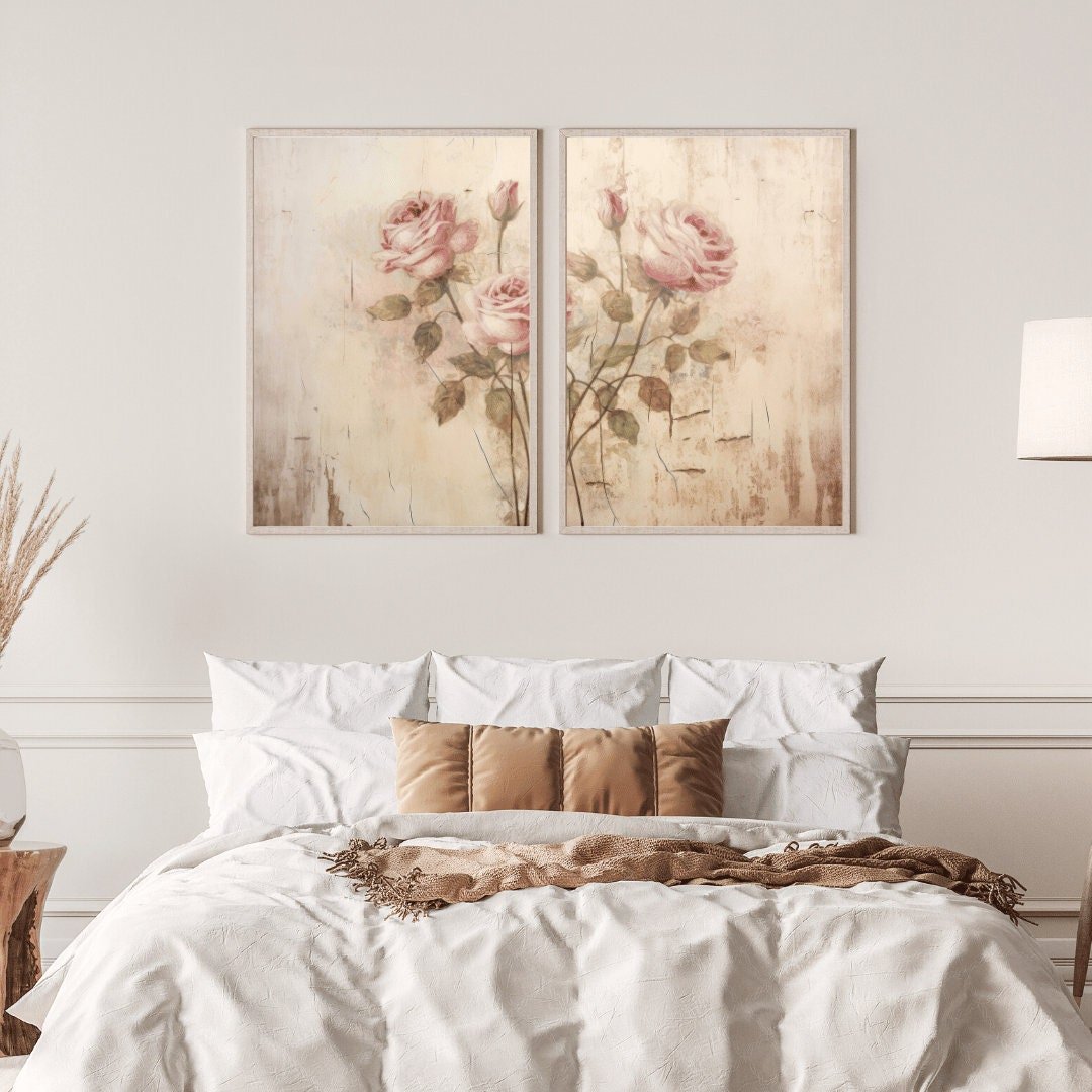 Pink Rose Wall Art – Floral Vintage Bedroom Print • Set of 2