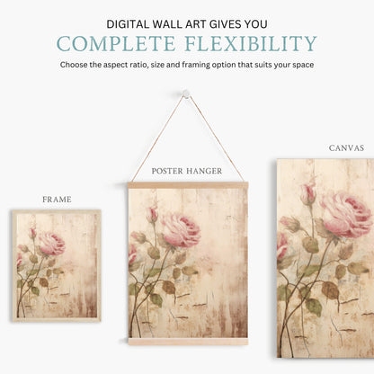 Pink Rose Prints, Rustic Floral Decor, Vintage Roses Painting - WildfieldPrints