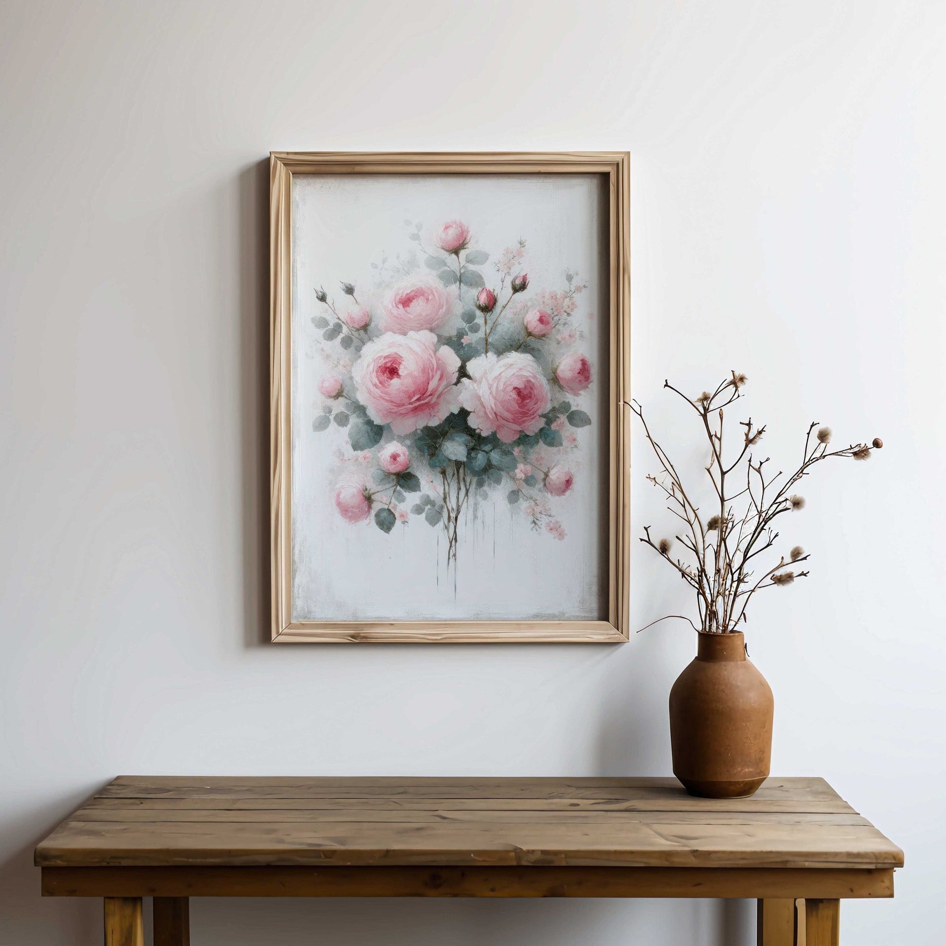 Pink Rose Wall Art, Floral Farmhouse Decor, Rustic Country Style - WildfieldPrints