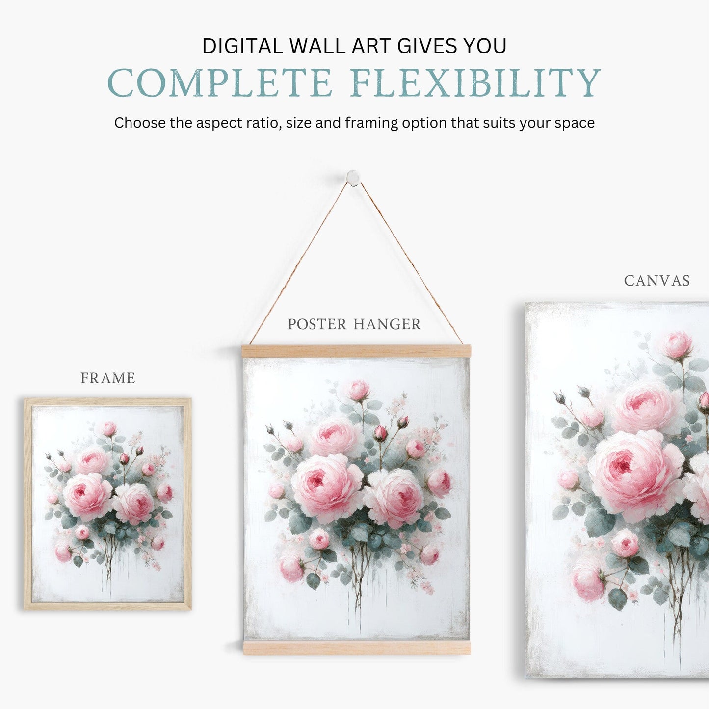 Pink Rose Wall Art, Floral Farmhouse Decor, Rustic Country Style - WildfieldPrints