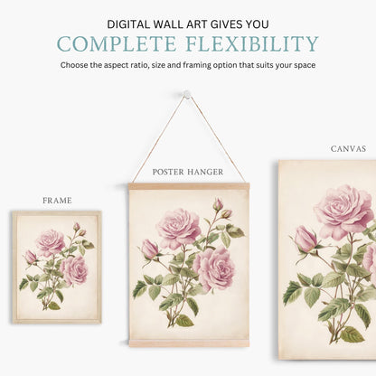 Pink Roses Art, Vintage Floral Decor, Elegant Wall Display - WildfieldPrints