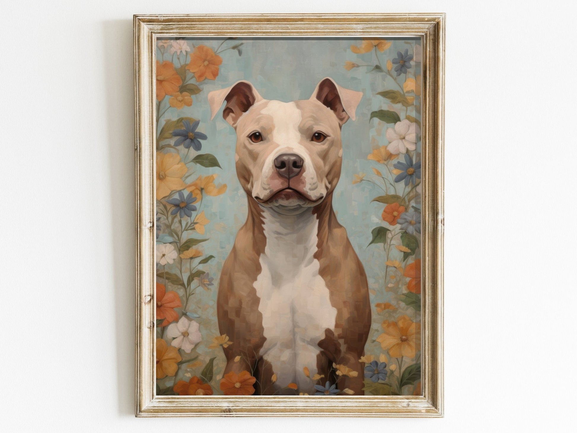 Pitbull Wall Art, Dog Lover Decor, Flowers and Portrait Print - WildfieldPrints