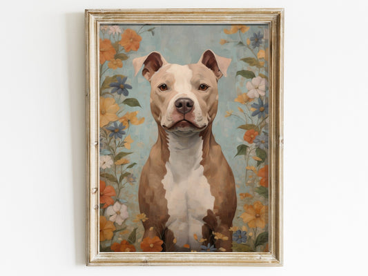 Pitbull Wall Art, Dog Lover Decor, Flowers and Portrait Print - WildfieldPrints