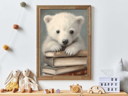 Polar Bear Cub Wall Art, Neutral Kids Room Decor, Reading Corner Decor - WildfieldPrints