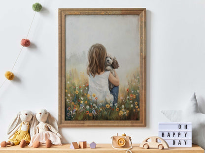 Poodle Nursery Decor, White Mini Poodle Wall Art, Girl & Dog Print - WildfieldPrints