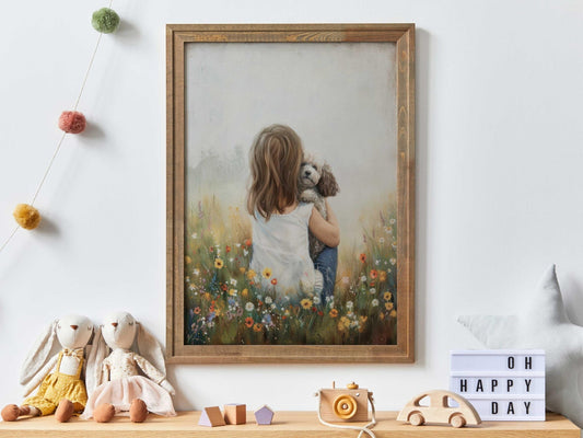 Poodle Nursery Decor, White Mini Poodle Wall Art, Girl & Dog Print - WildfieldPrints