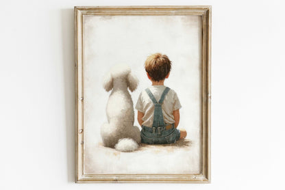 Poodle Nursery Print, White Poodle Wall Art, Boy & Dog Decor - WildfieldPrints