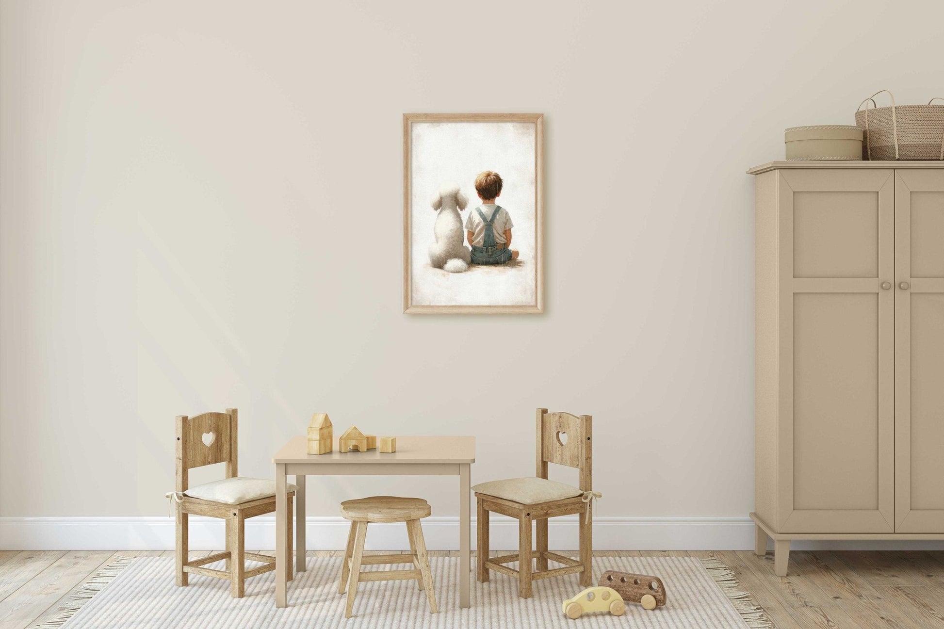 Poodle Nursery Print, White Poodle Wall Art, Boy & Dog Decor - WildfieldPrints