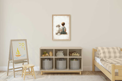 Poodle Nursery Print, White Poodle Wall Art, Boy & Dog Decor - WildfieldPrints
