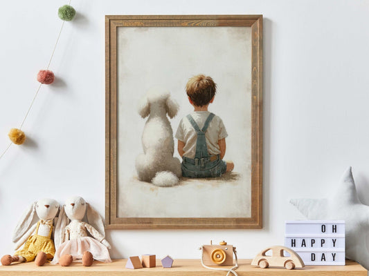 Poodle Nursery Print, White Poodle Wall Art, Boy & Dog Decor - WildfieldPrints