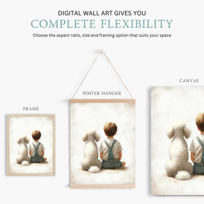 Poodle Nursery Print, White Poodle Wall Art, Boy & Dog Decor - WildfieldPrints