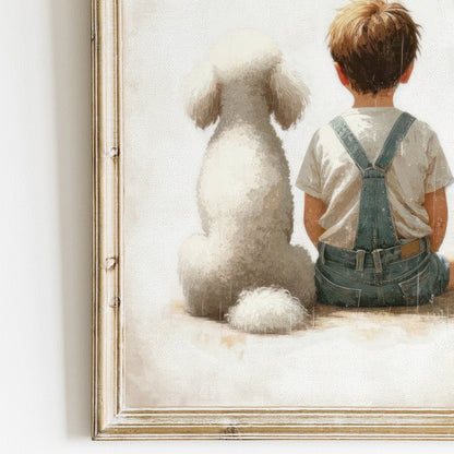 Poodle Nursery Print, White Poodle Wall Art, Boy & Dog Decor - WildfieldPrints