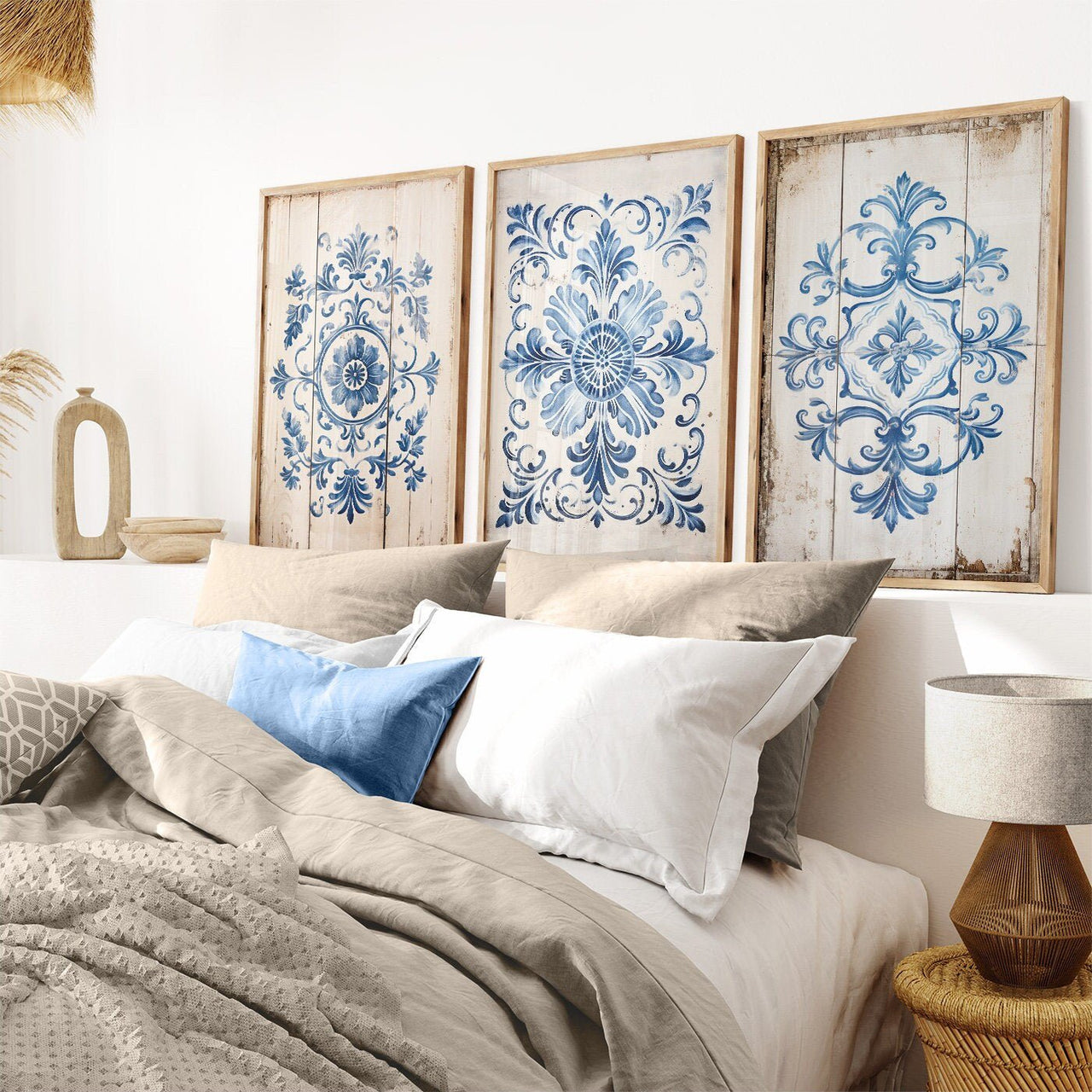 Portuguese Tile Wall Art – Vintage Living Room Print • Set of 3