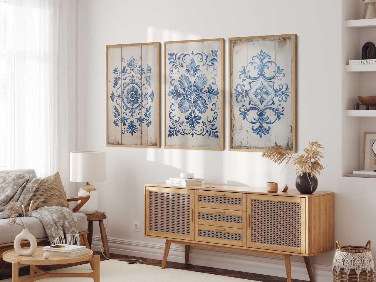 Portuguese Tile Wall Art – Vintage Living Room Print • Set of 3