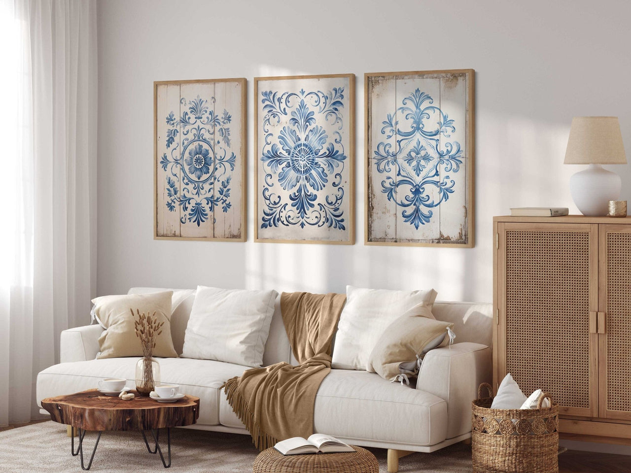Portuguese Tile Wall Art – Vintage Living Room Print • Set of 3