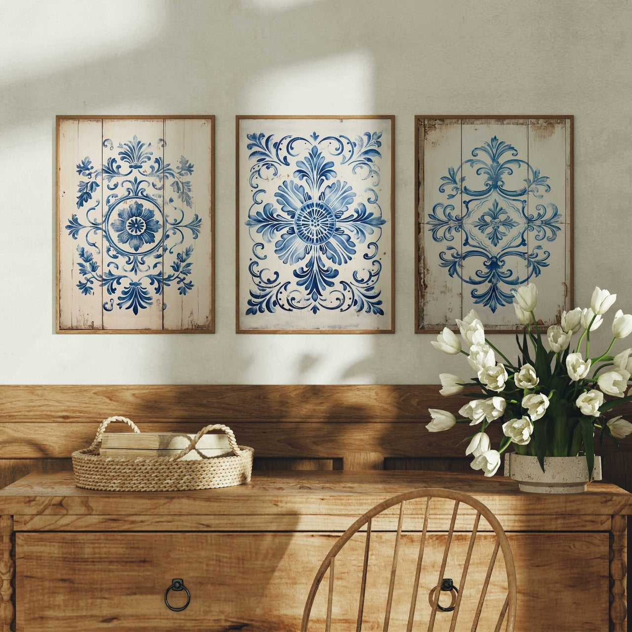 Portuguese Tile Wall Art – Vintage Living Room Print • Set of 3