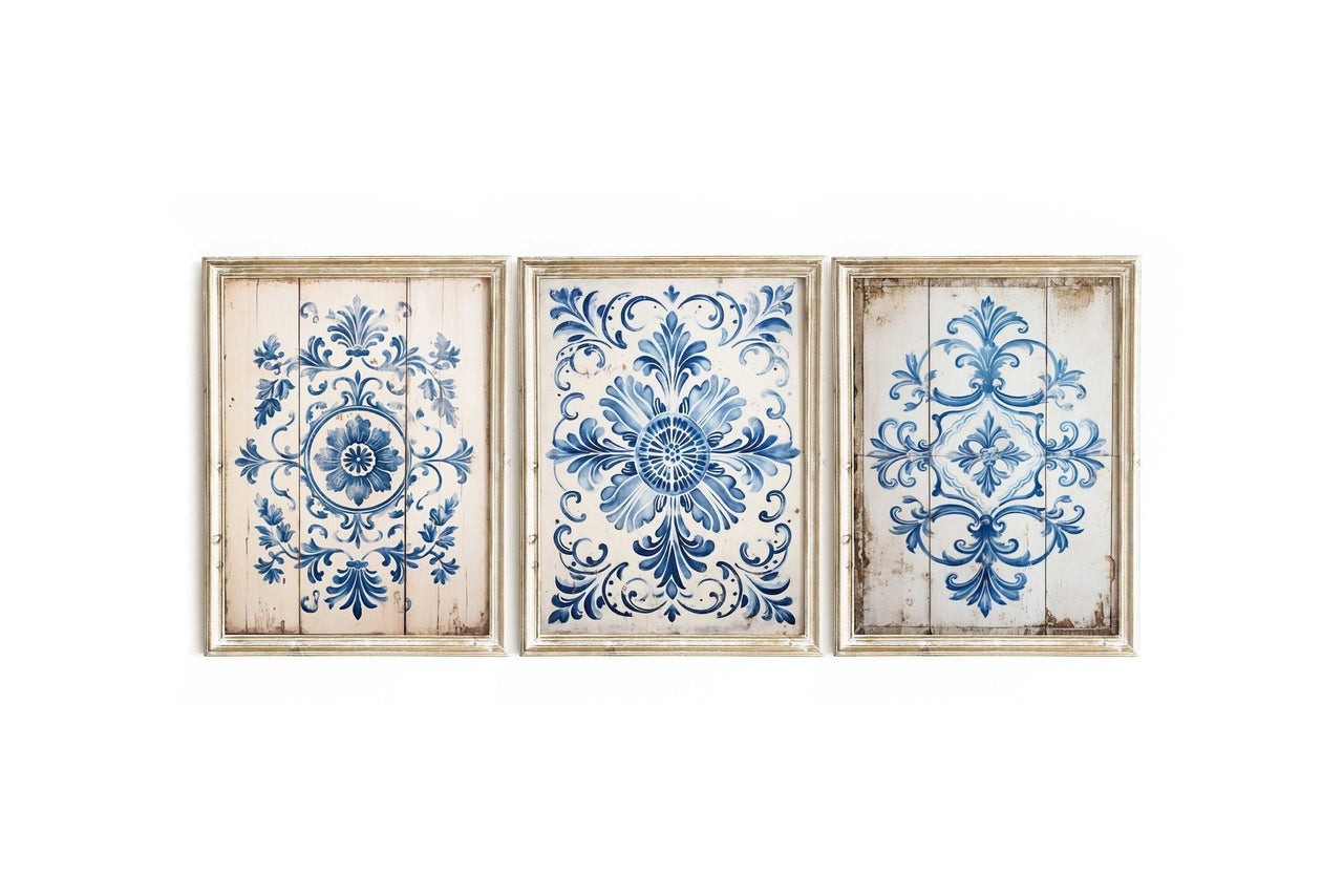 Portuguese Tile Wall Art – Vintage Living Room Print • Set of 3