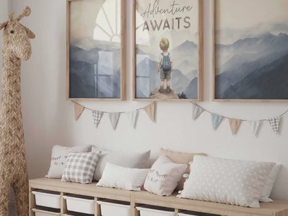 Blonde Boy Adventure Print – Mountain Boys Room Wall Art • Set of 3