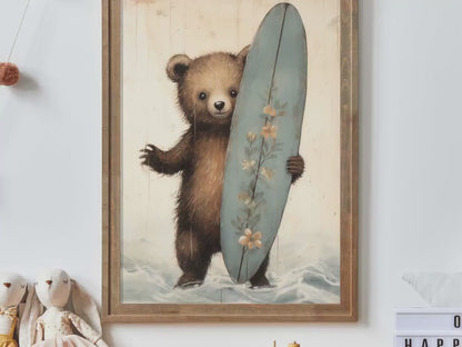 Surfer Bear Wall Art – Animal Kids Room Print