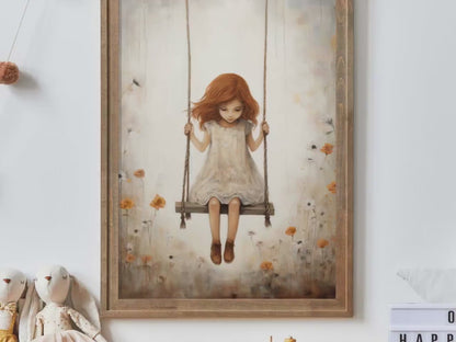 Little Girl on Swing Wall Art – Vintage Girls Room Print