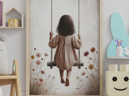 Little Girl Swing Wall Art – Floral Nursery Print