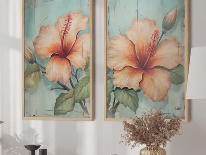 Hibiscus Wall Art – Floral Living Room Print • Set of 2
