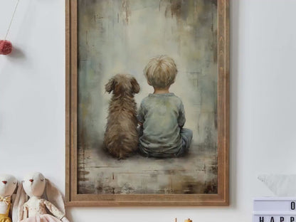 Blonde Boy and Dog Wall Art – Animal Boys Room Print