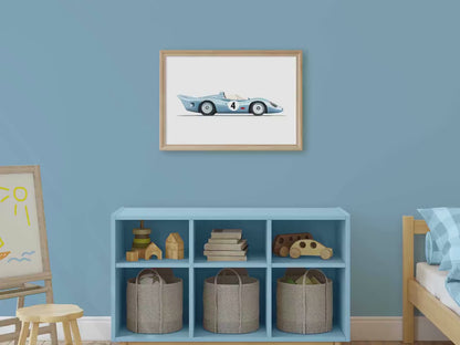 Blue Vintage Racing Car Wall Art – Vehicle Boys Room Print