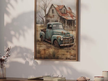Teal Truck Wall Art – Vintage Countryside Print for Living Room