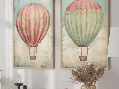 Vintage Hot Air Balloon Wall Art – Adventure Nursery Print • Set of 2